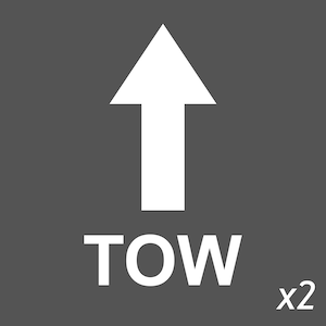 May include: A white arrow pointing upwards on a grey background. The word "TOW" is below the arrow in white block letters. The number "x2" is in the lower right corner.