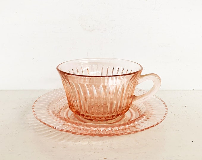 Vintage Pink Depression Glass Queen Mary Pattern Teacup and Matching