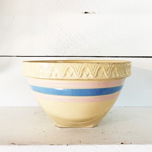 Vintage 10&quot; Nelson McCoy Roseville, OH Yellowware Pottery Bowl with Pink and Blue Banding Antique Pottery Old Mixing Bowl Stoneware Bowl
