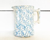 Off White and Blue Stoneware Spongeware Batter Pitcher Farmhouse Kitchen Unmarked Spongeware Pottery Shabby Chic Stoneware Pitcher