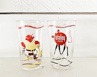 Pair of Vintage 1950's Staley Feed Advertising Glasses/Pig and Calf Cartoon Staley Seed Juice Glasses