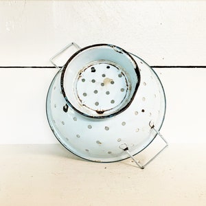 Vintage Small Rustic Off White (Blue Hue) and Baby Blue Trimmed Enamelware Colander Rustic Enamelware Colander Strainer