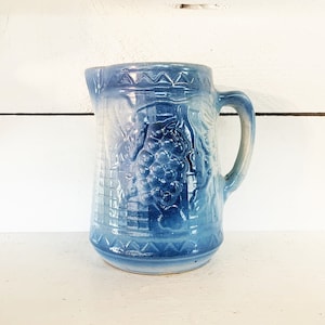 Antique Pitcher Americana Grape and Trellis Stoneware Pitcher Blue Accent Large Milk Pitcher Primitive Pitcher Kitchen Americana