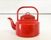 Vintage Red and Black Trimmed Enamelware Coffee Pot Kettle Farmhouse Kitchen Red Enamel Coffee Pot Shabby Chic Decorative Enamel Kettle