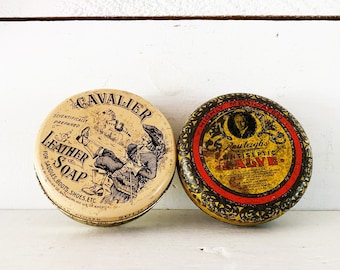 Pair of Antique Circular Tins/Cavalier Leather Soap Tin and Rawleigh's Antiseptic Salve Tin/Antique Tins