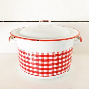 White Greyish and Red Trimmed Mid Sized Enamelware Stock Pot with Lid Farmhouse Kitchen White and Red Enamelware Pot Country Kitchen Décor