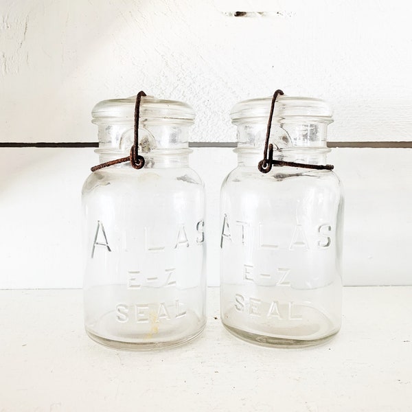 Pair of Vintage Hazel Atlas E -Z Seal Rustic Wire Bail Glass Quart Size Canning Jars/Farm Kitchen Jars/No. 2 No. 3