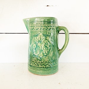 Antique Green Stoneware Pitcher Grape and Trellis Motif Yellowware Large Milk Pitcher