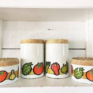 Vintage 1970s Cheinco Veggie Patterned Metal Canister Set/4 Piece Retro Canister Set