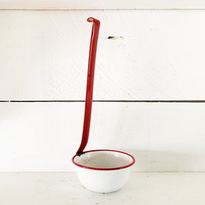 Rustic Classic White and Red Trimmed Enamelware Ladle Farmhouse Kitchen White and Red Enamel Ladle Shabby Chic Rustic Kitchen Enamel Ladle