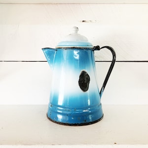 Rustic Mid Sized Blue and White Enamelware Kettle Farmhouse Kitchen Blue Enamelware Coffee Pot Kettle Shabby Chic Blue Enamel Kettle