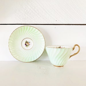 Vintage Soft Pastel Green EB Foley Floral Swirl Teacup and Matching Saucer/English Teacup/Vintage Foley English Teacup and Saucer