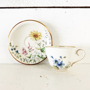 Vintage K&A Krautheim Selb Bavaria Demitasse Cup and Saucer with Gold Trim Wiesengrund Bergeshöh'n Beautiful Assorted Wild Flower Design
