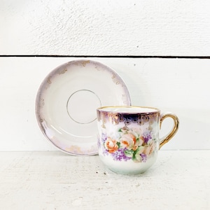 Vintage German Purple Luster Floral China Teacup and Saucer German Lusterware China