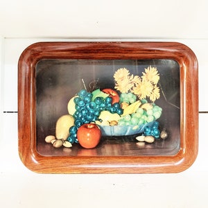 Farmhouse Kitchen Large Fruit Themed Metal Serving Tray Brown Wood Backdrop Fruit Designed Serving Tray