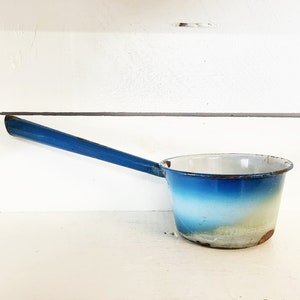 Vintage Large Rustic Blue and White Enamel Ladle Enamelware Ladle Blue White Ombre Enamel Ladle
