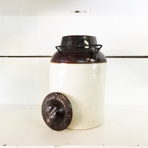 Vintage 9&quot; Tall Stoneware 2 Tone Brown Cream Milk Crock with Bale Closure Stoneware Milk Cream Crock