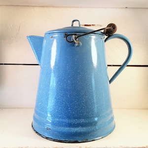 Very Large Rustic Baby Blue Speckled Enamelware Kettle/Does NOT Hold Water/Farmhouse Kitchen Decorative Large Blue Enamelware Kettle