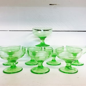 Set of 8 Vintage Green Uranium Glass Footed Dessert/Sherbet Cups/Green Depression Glass Dessert Cups/Bowls