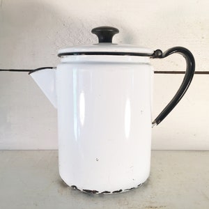 White and Black Trimmed Enamelware Coffee Pot/Kettle Farmhouse Kitchen Mid Sized Enamelware Kettle/Shabby Chic Rustic Enamel Coffee Pot