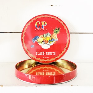 Latta di frutta candita vintage CP Brand Glace Fruits/latta pubblicitaria litografica/vecchia latta di frutta candita