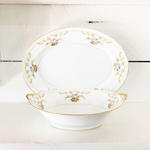Vintage 2 Piece Set of Noritake China Pink and Yellow Rose Themed Fine China Serving Platter and Bowl Noritake China