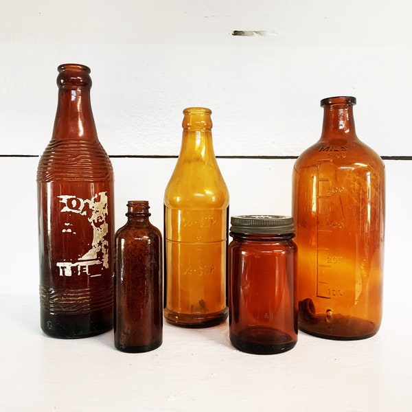 Set of 5 Amber/Brown Vintage Glass Bottles/Farmhouse Kitchen Collection of 5 Vintage Brown Bottles/Antique Medicine Glass Bottles