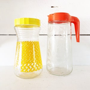 Vintage Pair of Juice Pitchers/Vintage Tablescape Juice Pitchers/Retro Pair of Bright Yellow and Orange Small Pitchers