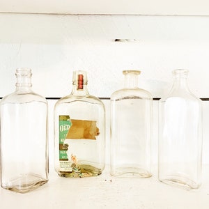 Collection of 4 Pint Sized Vintage Glass Liquor Bottles/Farmhouse Kitchen Decorative Vintage Glass Bottles/Bar Décor