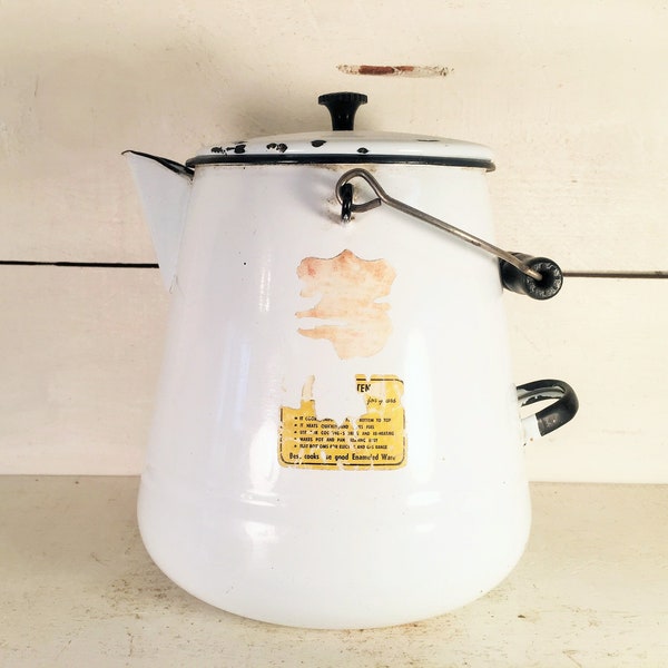 Grande bouilloire en émail vintage garnie de blanc et de noir/cuisine de ferme grande cuisinière en émail Kette avec couvercle d'origine