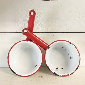 Pair of Small White and Red Trimmed Enamelware Sauce Pots/Farm Kitchen Decor