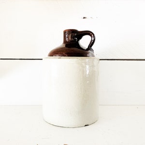 Vintage 9&quot; Tall Stoneware 2 Tone Brown Finger Jug Stoneware Finger Crock Old Whiskey Jug