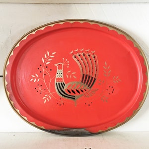 Mid Size Red and Gold Oval Rustic Metal Peacock Tray Vintage Peacock Tray