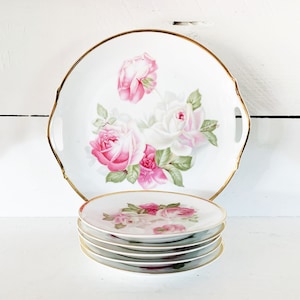 Antique Z.S. & Co. Marseille Bavarian Fine China German Cake Plate with 4 Smaller Serving Plates Featuring Pink White Roses German Plate