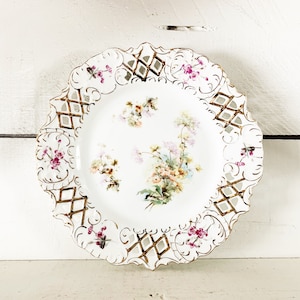 Antique Unmarked German Purple Floral Porcelain Basket Weave Cutout Plate/Decorative Floral Plate/Farm Kitchen Gold Gilt Edged Plate