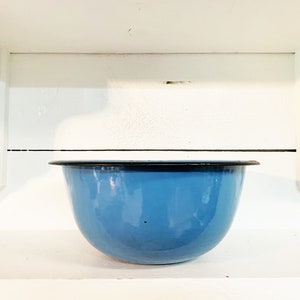 Large Chippy Vintage Blue Enamelware Bowl with Black Trim/Blue Enamel Bowl