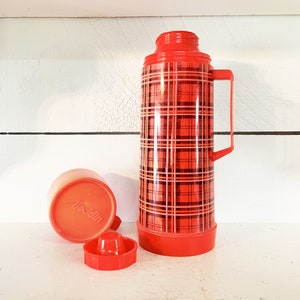 Vintage Aladdin&#39;s Red and Black Fading Plaid Quart Size Vacuum Thermos with Glass Liner Vintage Picnic Thermos