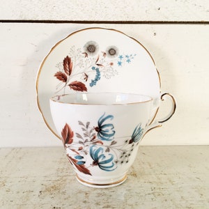 Vintage Regency Brown and Blue Floral English Made Teacup and Saucer/Farmhouse Kitche Collectible English Teacup & Saucer/Shabby Chic Teacup