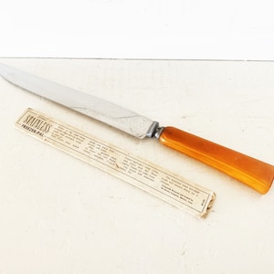 Vintage Vernco &quot; Freezer-Pal&quot; Stainless Steel Serrated Knife with Butterscotch Bakelite Handle/Freezer Knife/MCM Kitchen Carving Knife