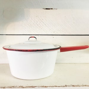 Mid Sized White and Red Trimmed Enamelware Saucepan/Enamel Cookware/Enamelware Saucepan