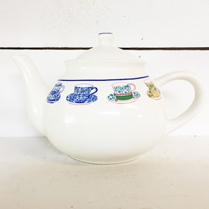 Vintage Large Ceramic Teacup Themed White Teapot Farm Kitchen Teapot Teacup Themed Teapot
