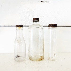 Collection of 3 Vintage Small Glass Bottles w/ Original Caps Farmhouse Kitchen Vintage Glass Bottle Collection Shabby Chic Bottles