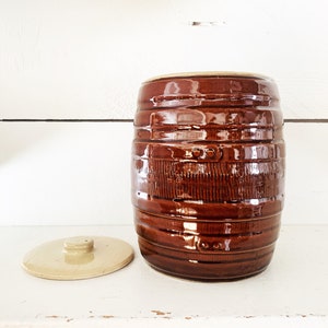 Vintage Glazed Brown and Beige Stoneware Barrel Shaped Cookie Jar Brown Ceramic Vintage Cookie Jar