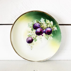 Antique 3 Crown Unger and Schilde Plum Themed 8&quot; Plate/Purple and Green Floral Bread Plate/Collectible German Plate/Decorative Plate