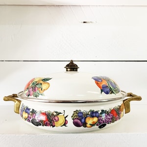 Large Fruit Themed Chippy Brass/Enamel Covered Casserole Dish/Farmhouse Kitchen Fruit Patterned Enamelware Dish