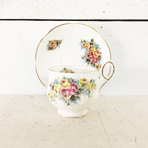 Rosina English Rose Teacup and Matching Saucer English Yellow and Pink Roses China Teacup