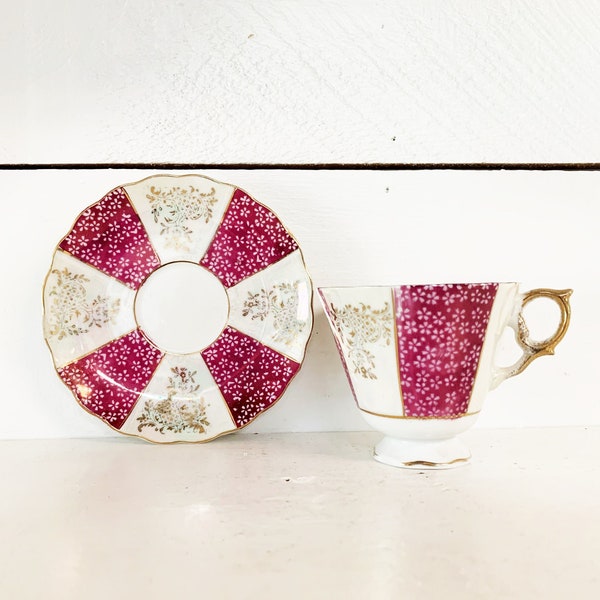 Vintage Purple Luster Teacup and Matching Saucer/Farmhouse Kitchen Iridescent White and Purple Teacup With Cutout Matching Saucer