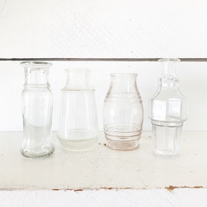 Set of 4 Small Vintage Uniquely Shaped Bottles/Farmhouse Kitchen Glass Bottles/Shabby Chic Vintage Bottle Collection/Old Clear Bottles