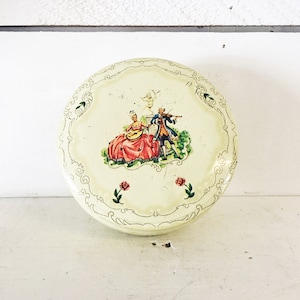 Vintage Daher Circular Tin/English Tin/English Musical Couple Themed Covered Pastel Yellow Tin/Made in England