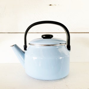 Vintage Baby Blue and Black Accented Enamel Kettle Blue Silver and Black Enamelware Kettle